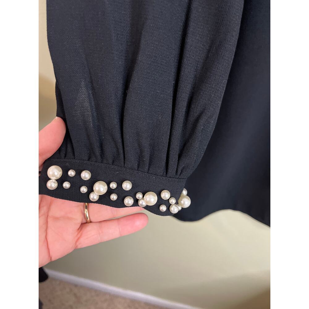 H&M black mini shift dress with pearl-cuffed long sleeve, size 10 - Picture 3 of 14
